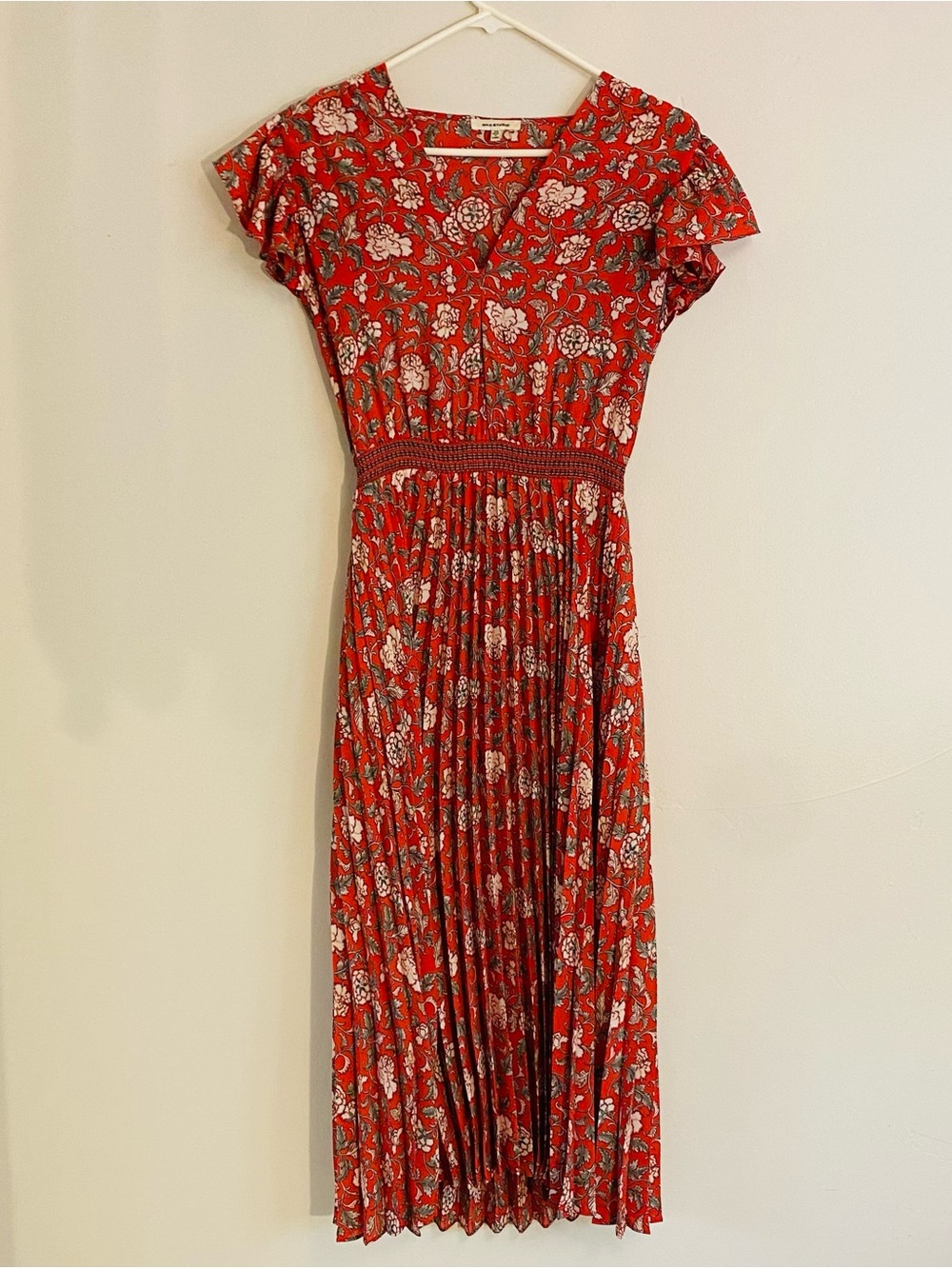Max Studio Coral Red Floral Midi Dress with Pleated Skirt